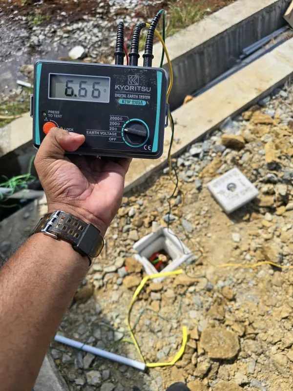 An earth resistance tester reading at an installation point