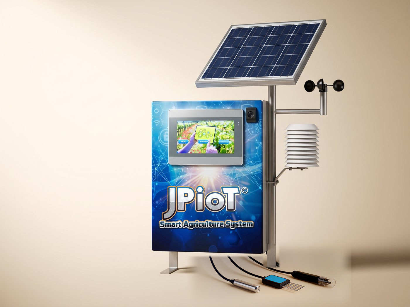 The JPIoT Smart Agriculture System unit: control enclosure with touchscreen, solar panel, radiation shield and anemometer, with the water level, soil and pH sensors at its base