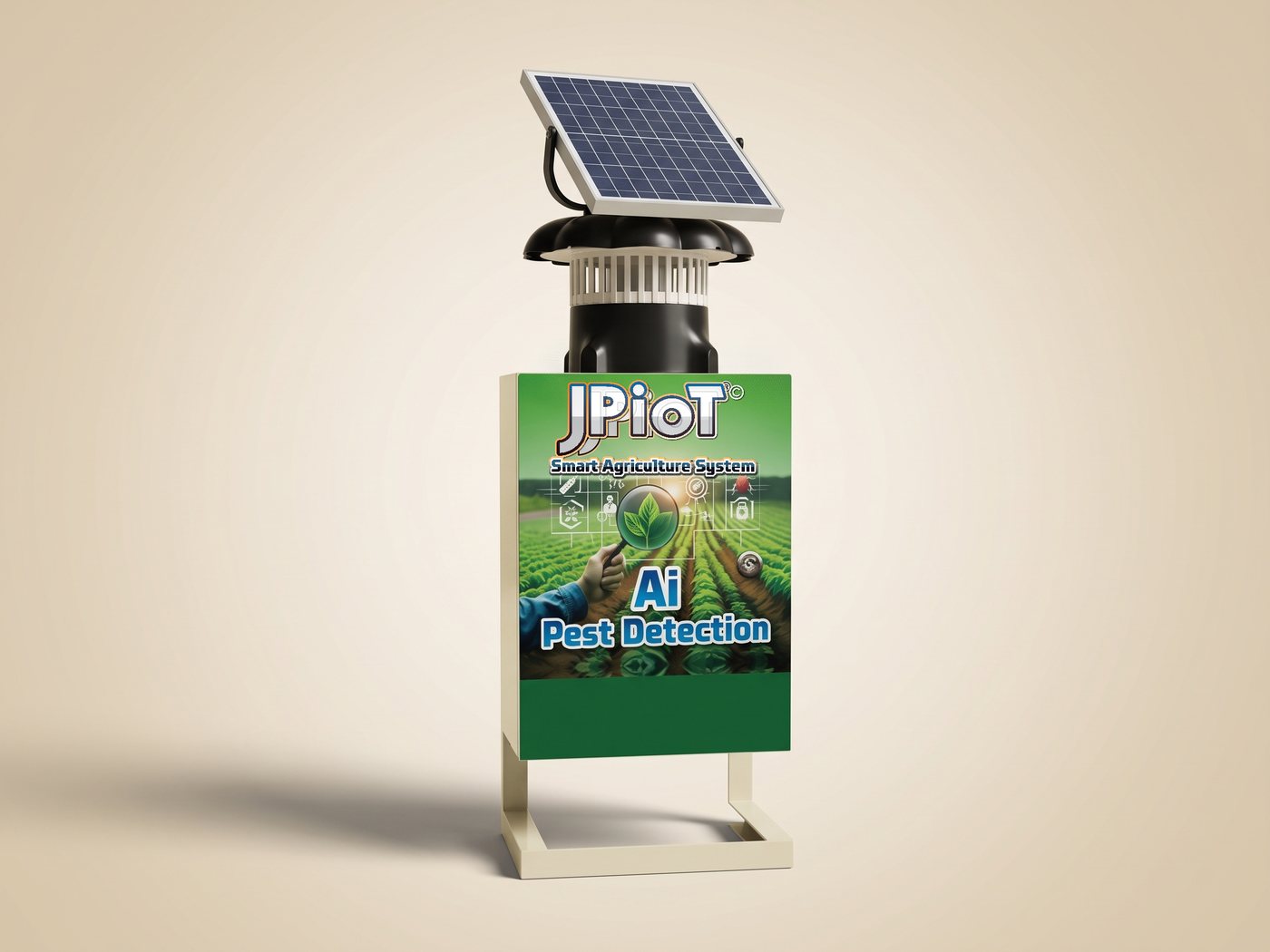 The solar powered AI pest detection trap on its stand, with camera, funnel and collection cup