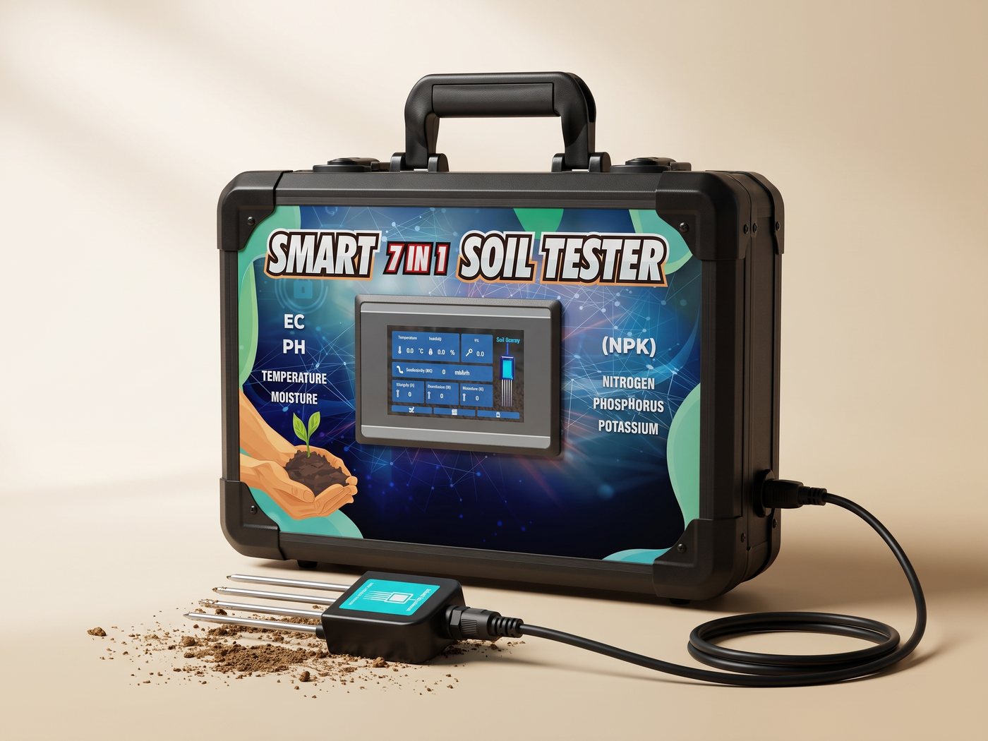 The Smart 7-in-1 soil tester open in its field case, screen showing pH, moisture and NPK, with the probe alongside