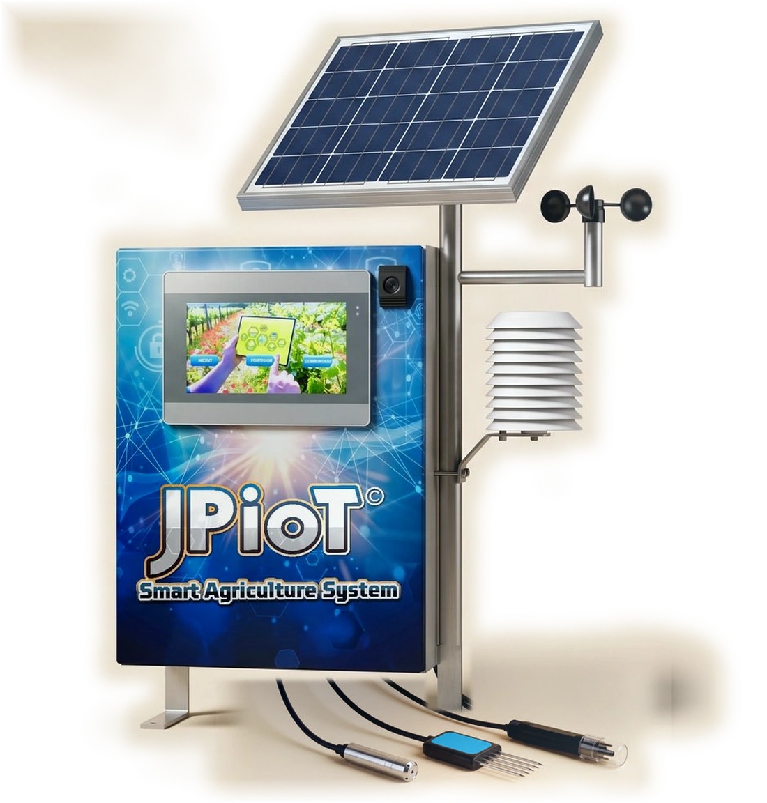 The JPIoT Smart Agriculture System unit with solar panel, radiation shield and anemometer