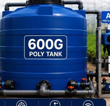 The 600 gallon poly tank with A and B dosing pumps alongside